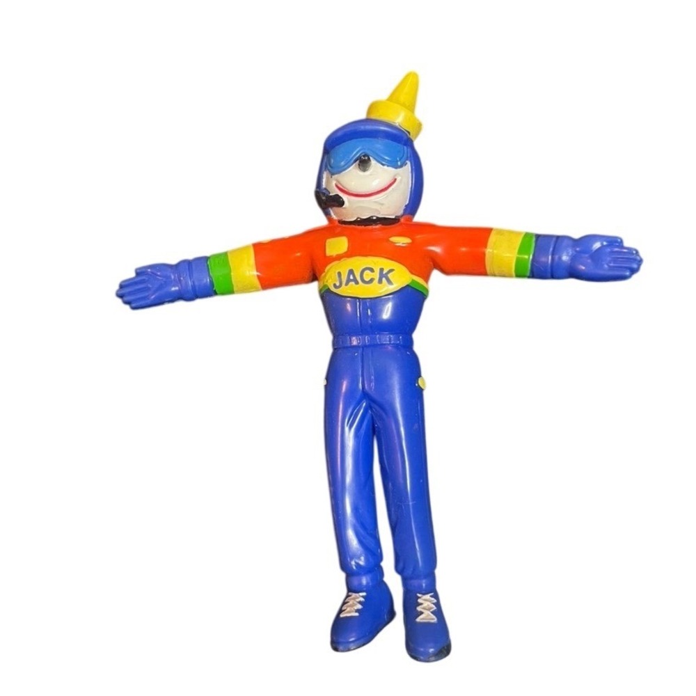 Jack in the Box Bendy Toy Figure Racing Suit Mascot Blue Red Yellow Vintage